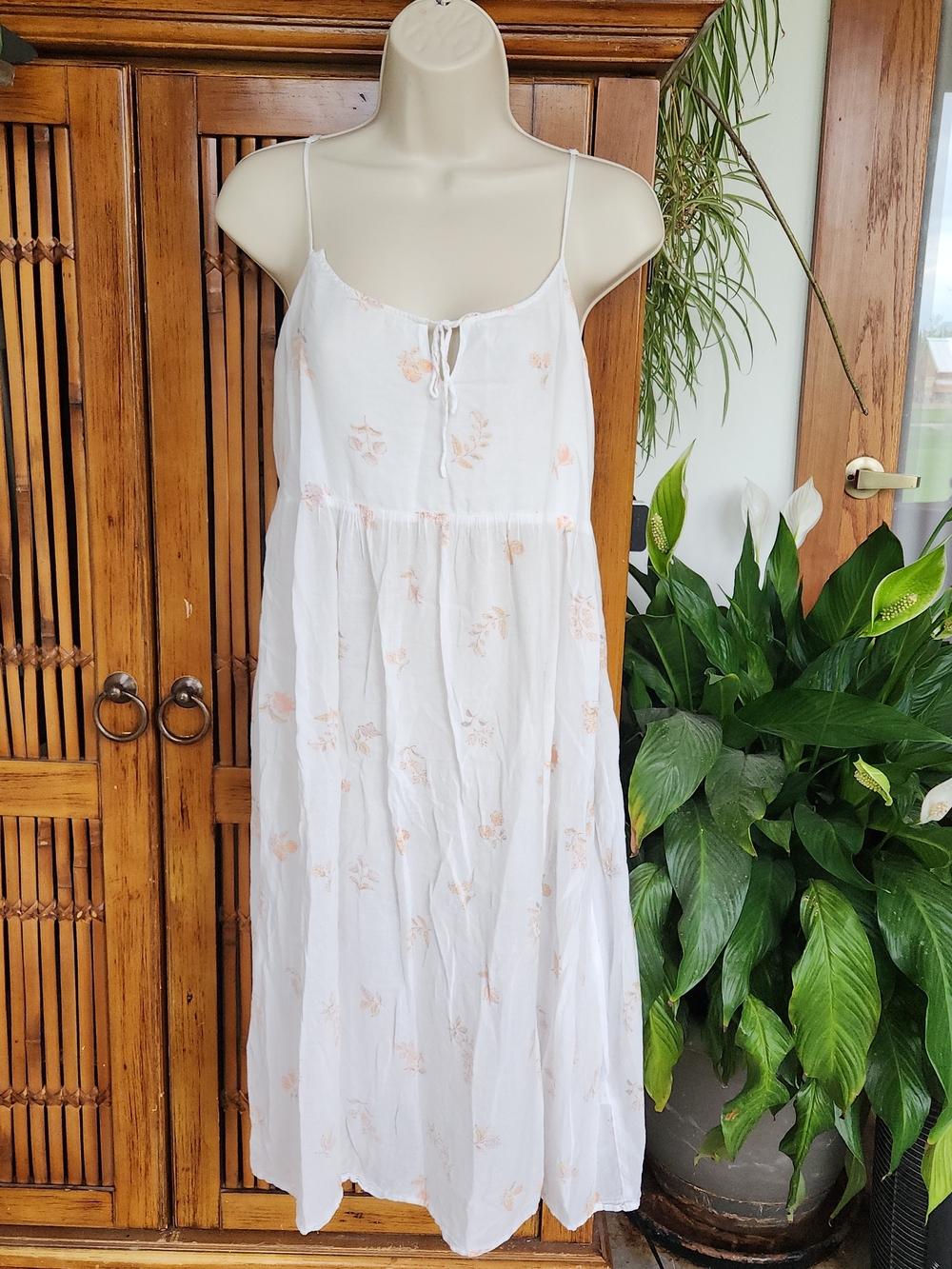 Oysho White Sheer Cotton Floral Midi Dress Small Cottagecore Boho Beach Cover Up